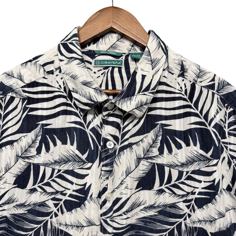 Cubavera Button Down Mens 2X 100% Linen Tropical Palm Leaf Shirt Beach Relax AOP